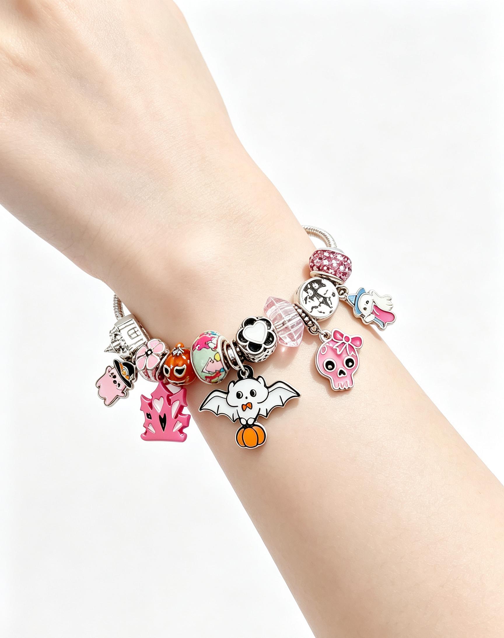Halloween Pink Ghost Charm Bracelet, Silver-Tone Adjustable Snake Chain Bracelet with Pumpkin Bat Skull Dangle Charms, Cute Halloween Jewelry Gift for Women Girls Halloween Pink Ghost Charm Bracelet, Silver-Tone Adjustable Snake Chain Bracelet with Pumpkin Bat Skull Dangle Charms, Cute Halloween Jewelry Gift for Women Girls