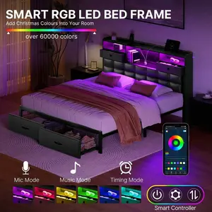 Modern    ,Twin/Full/King/Queen Size   ,With  Drawers & USB Charging Station ,   Headboard X LED Lights ,Duty Metal Slats ,Noise-Free,Easy Assembly Upholstered Storage canopy bed frame
