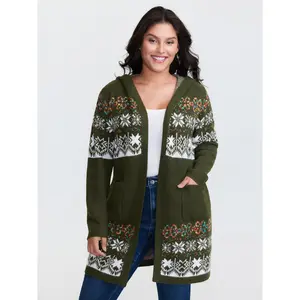 BLOOMCHIC Women's Plus Size Boho Floral Jacquard Hooded Knit Tunic Cardigan - Spandex Army Fabric, M-6X, 2026 Summer Vibes,Spotlight,Summer wins,Deals for you days