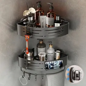 Corner Shower Caddy Suction Cup, No Drilling Corner Shower Shelves, Aluminum Upgrade Suction Cup Shower Organizer with Towel Bar & Hooks Removable Bathroom Storage Rack, 2 Pack, Matte Gray