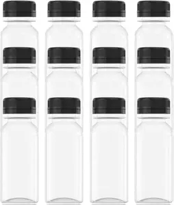12 Pcs 2 OZ Mini Plastic Juice Bottles, Reusable Bulk Beverage Containers, Comes Black lid, for Juice, Milk and Other Beverages. Organiser Tin