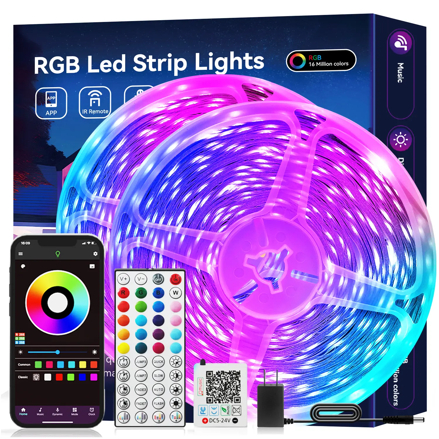 Smart RGB LED Strip Lights with Music Sync, App & 44-Key Remote Control – Available in 100FT / 50FT / 32.8FT / 9.84FT – Color Changing Lights for Bedroom, Christmas, Home Decor Multicolor Led Lighting