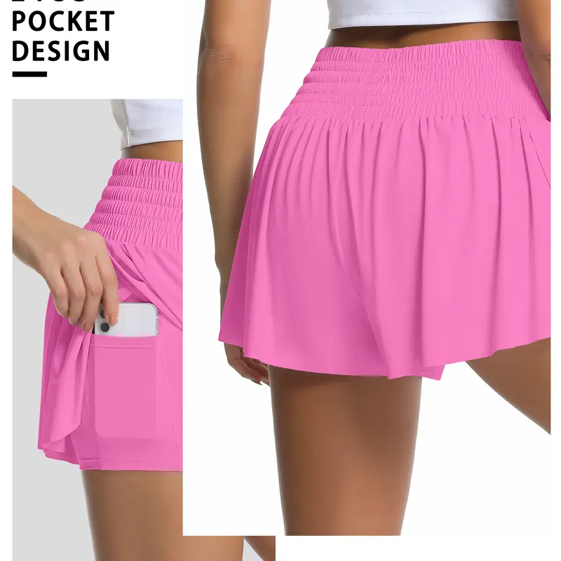 OVESPORT Women's 2 PCS High-Waisted 2-in-1 Polyamide Athletic Skorts with Liner Pockets & Drawstring, Sporty Breathable Quick-Drying Workout Gear for Tennis, Running