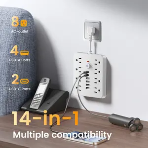 Surge Protector Power Strip - Chiefway Extension Cord with 8 AC Outlets, 6 USB Ports (2 USBC) & One-Touch Switch, Short Cord Outlet Extender, Wall Mountable Surge Protector Outlet for Office Home Dorm