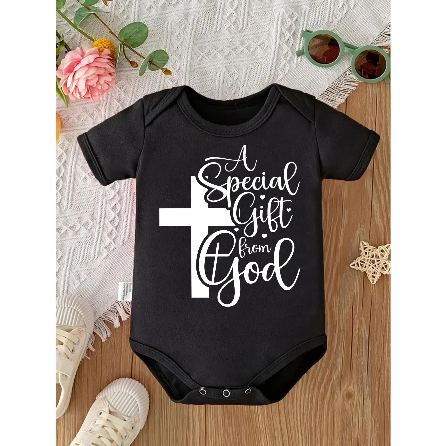 Cute Baby Bodysuit with A Special Gift From God Cross Print Soft Versatile Round Neck Button Detail Regular Fit All Seasons Knitted Fabric Onesie for 0-12 Months