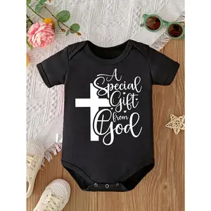 Cute Baby Bodysuit with A Special Gift From God Cross Print Soft Versatile Round Neck Button Detail Regular Fit All Seasons Knitted Fabric Onesie for 0-12 Months