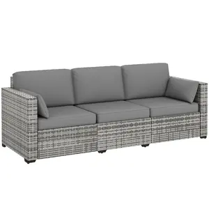 Outsunny Patio Couch PE Wicker Deep Seating Outdoor Sofa with Removable Cushions, 3 Seater Rattan Sofa, Outdoor Furniture for Balcony, Deck, Garden and Poolside