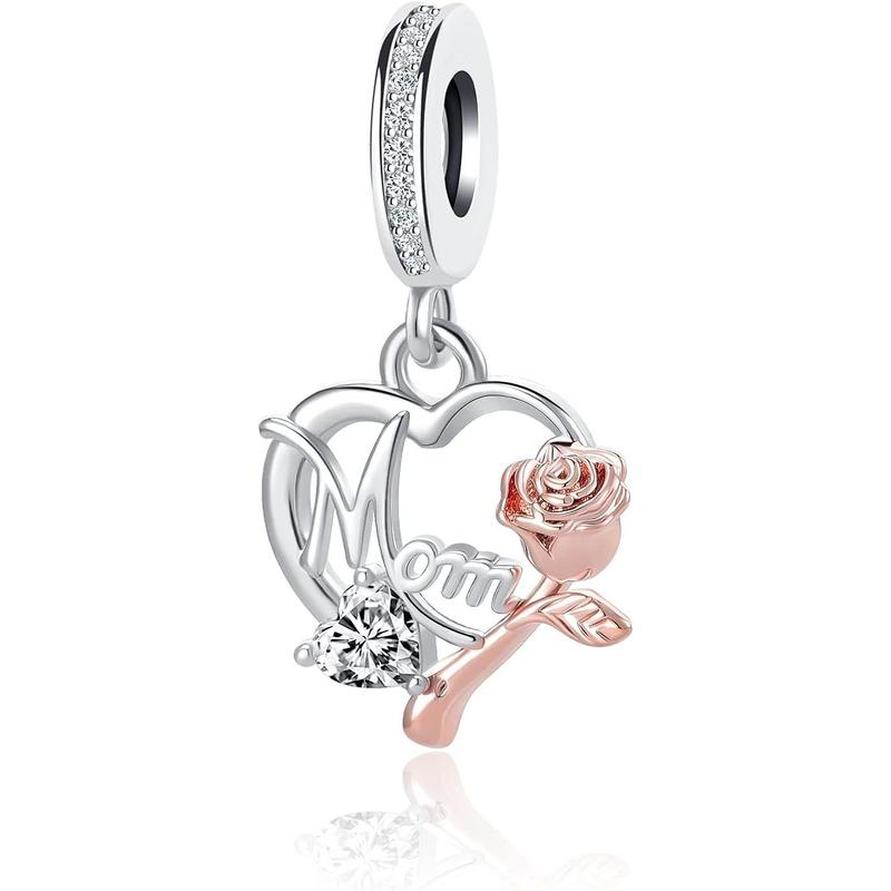 Mom Charm Compatible with Pandora Bracelet Women Rose Gold Flower Love Heart Dangle Mother Bead from Daughter Son Birthday