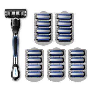 YINGJILI 5-Blade MotionSphere Men's Razor with Dual Lubrication and Precision Trimmer, 21Piece Set, 1 Handle & 20 Cartridges, BLUE 1+20