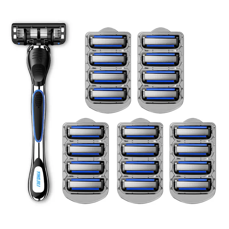 YINGJILI 5-Blade MotionSphere Men's Razor with Dual Lubrication and Precision Trimmer, 21Piece Set, 1 Handle & 20 Cartridges, BLUE 1+20