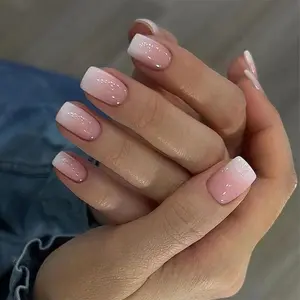 Household daily necessities 24Pcs Acrylic Press on Nails Medium Length Girls Fake Nails With Pink White Ombre Designs Glossy Artificial Nails Press ons Stick on Nails For Women