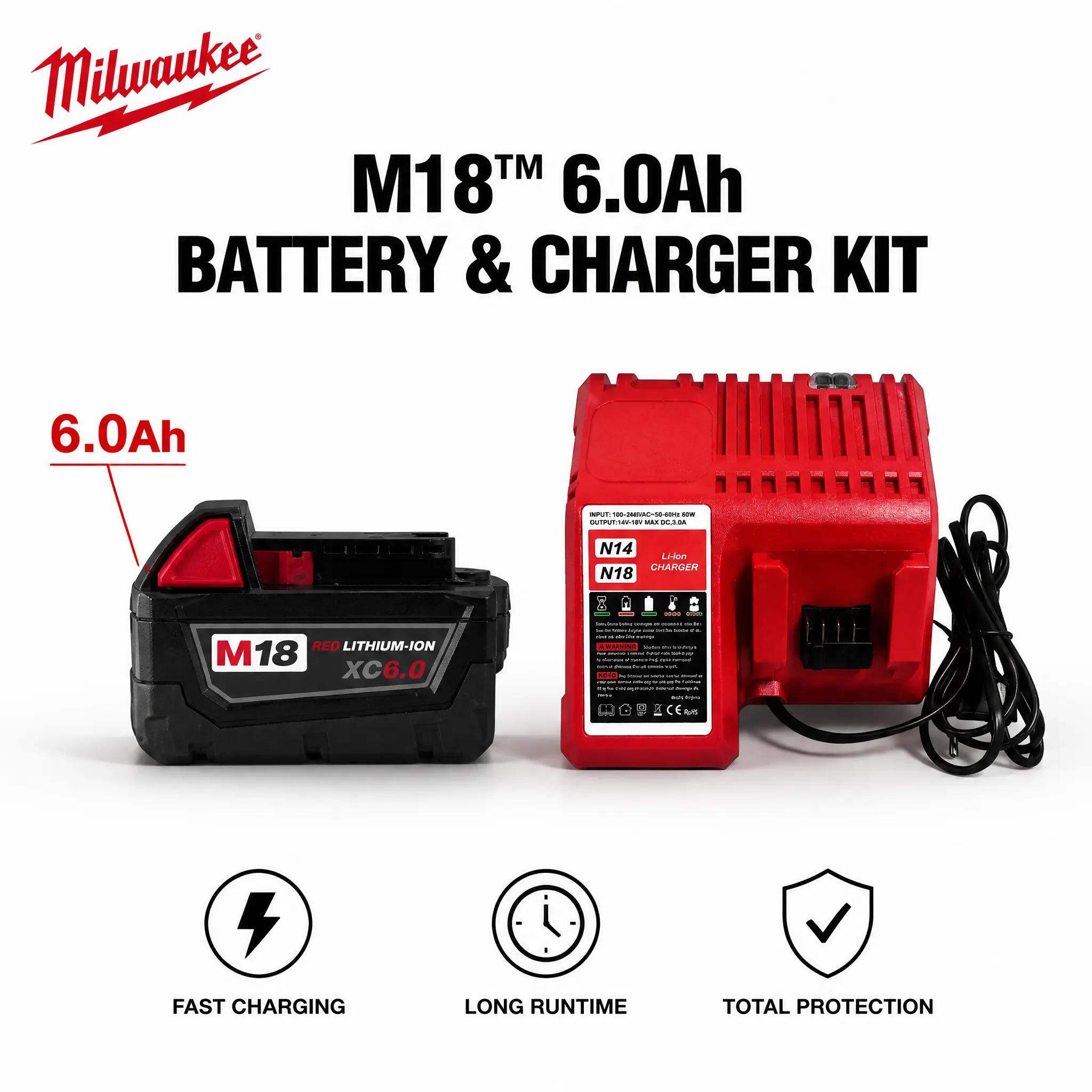Milwaukee M18 REDLITHIUM XC6.0 Battery and Rapid Charger Kit for Heavy Duty Cordless Tool Systems, 18V Power Source Device Features 3.0A Fast Output Matrix Designed for Extended Jobsite Work