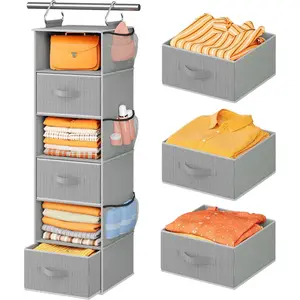 6-Shelf Hanging Closet Organizer, Hanging Shelves for Closet with 3 Removable Drawers & Side Pockets, for Bedroom Garment Rack and Wardrobe Organization, 12' x 12' x 43.3', Dark Gray