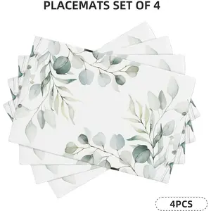 1/4/6pcs Sage Green Placemats Spring Watercolor Eucalyptus Leaves and Branches Washable Placemat Kitchen Dining Heat-Resistant Place Mats Desktop Decor Table Mats 12x18 Inch