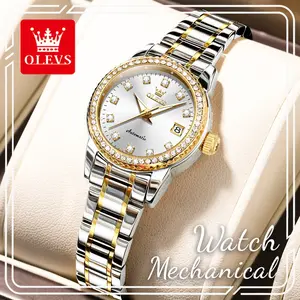 OLEVS 7003 Women's Premium Automatic Mechanical Watch - 2-Tone Rhinestone Stainless Steel Bracelet, Silver Dial, Luminous Hands, Single Date, 3ATM Water Resistant, Fashion Gift Accessory for Women