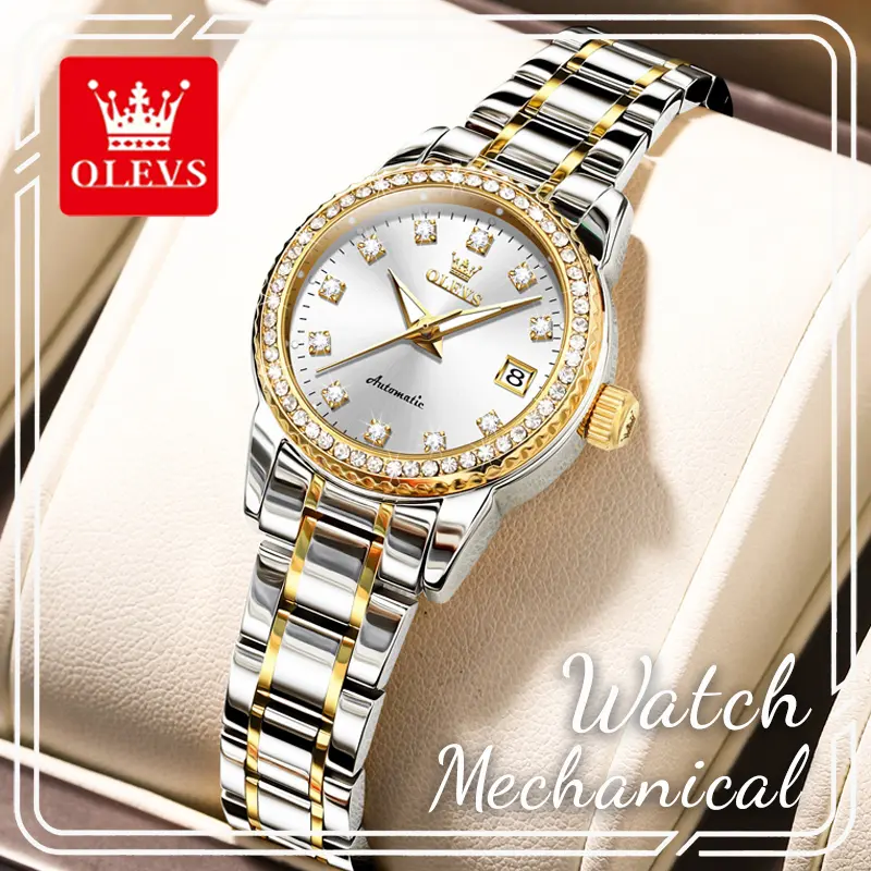 OLEVS 7003 Women's Premium Automatic Mechanical Analog Watch - 29mm, 2-Tone Rhinestone Stainless Steel Strap with Clasp, Silver Dial, Luminous Hands, Single Date, 3ATM (30m) Water Resistant, Fashion Women's Gift Accessory, Analog Display, Mineral Glass, F