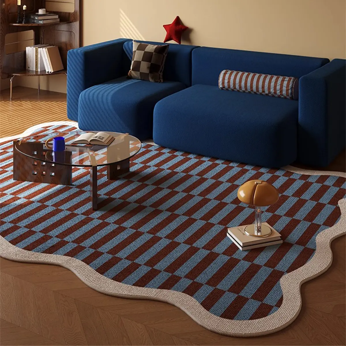 1 piece living room carpet, blue Bauhaus striped carpet, Checkered area rug, retro soft plush floor mat, Fluffy area rugs, Christmas gift, holiday home decoration carpet, suitable for living room bedroom, home decoration, Fluffy modern rug