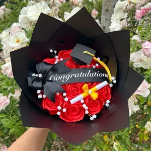 Congratulations Bouquet - 14 Red Roses with Black Bow, Graduation Themed Decorative Flower Gift for Celebrations
