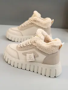 Women's Fashionable Colorblock Lace Up Contrast Faux Fur Snow Boots, Casual Comfortable Ankle Boots for Fall & Winter, Female All-match Round Toe Shoes for Daily Wear, Elegant Boots