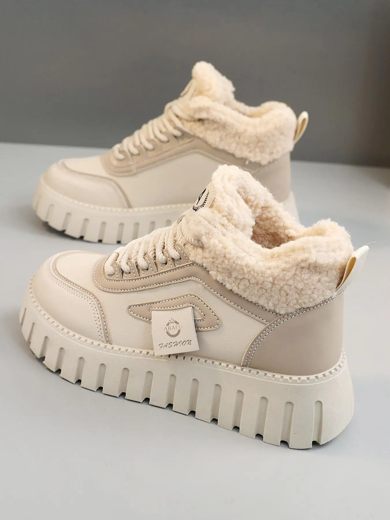 Women's Fashionable Colorblock Lace Up Contrast Faux Fur Snow Boots, Casual Comfortable Ankle Boots for Fall & Winter, Female All-match Round Toe Shoe