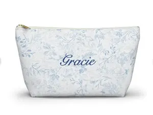 Light Blue Floral Monogram Makeup Bag, Custom Womens Toiletry Bag Chinoiserie, Toile Cosmetic Pouch Name, personalized bridesmaid gifts her