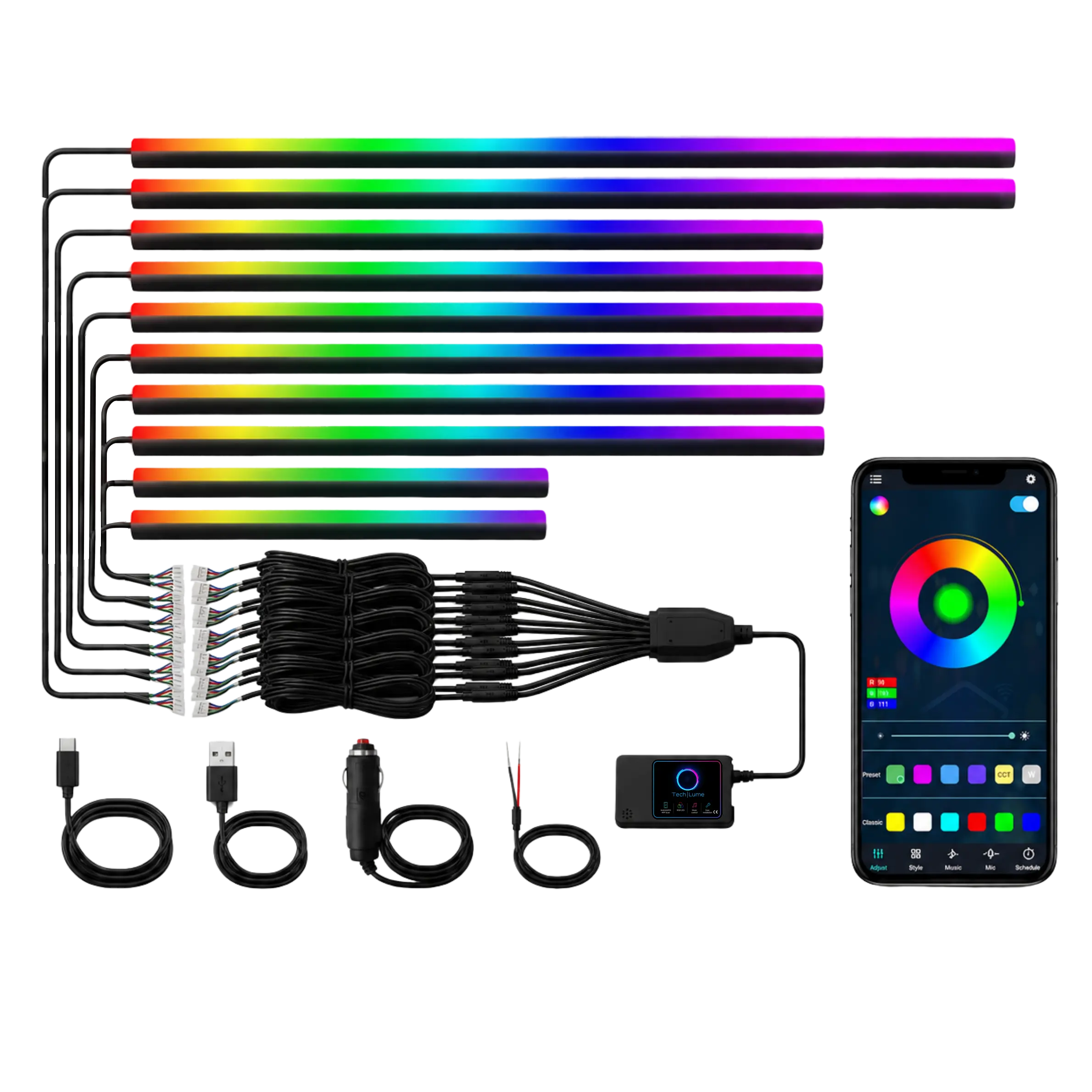 Lume 10 Acrylic LED Kit RGBIC LED Interior Lighting for Cars, Trucks, & SUVs. RGBIC LEDs with Music Sync Mode ,Plug & Play, Cut-to-Length Design. Universal Fit