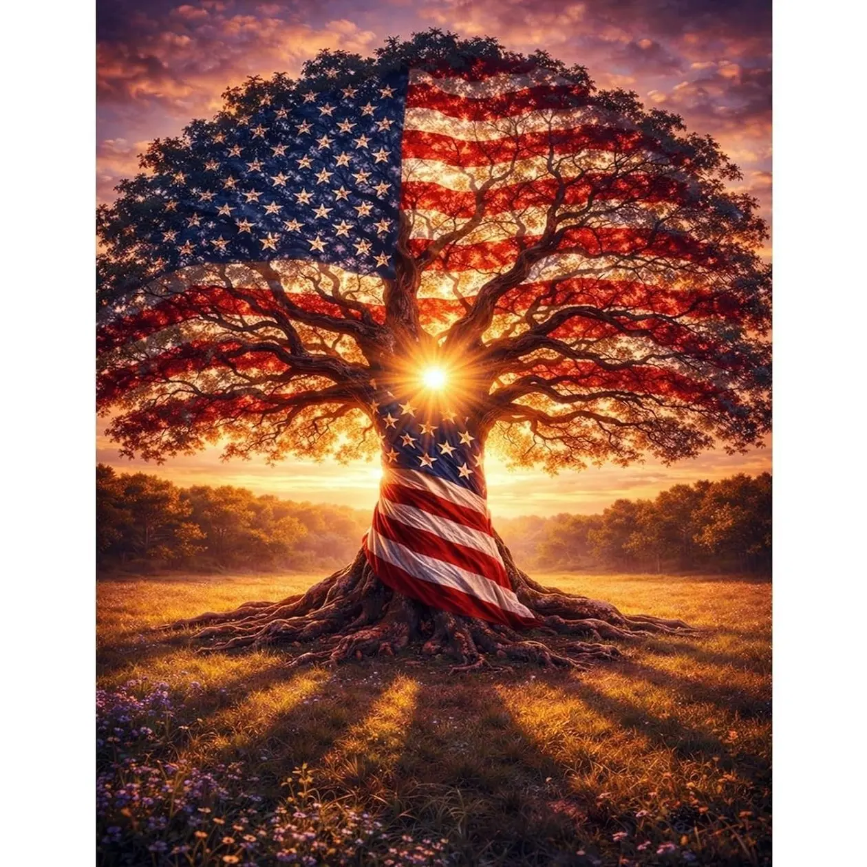 Patriotic Tree of Life Diamond Art Kit, American Flag DIY Crystal Canvas Decor