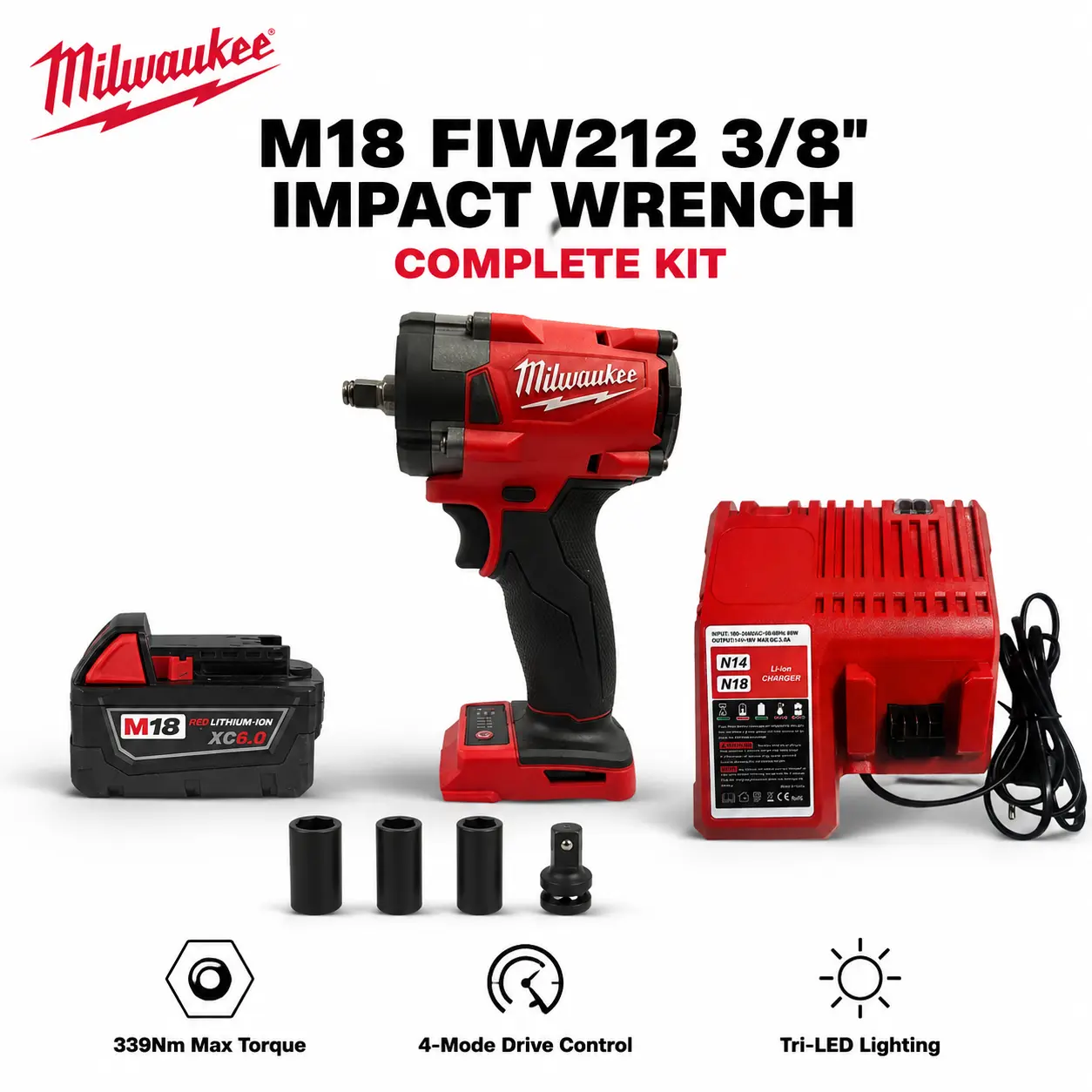 Milwaukee M18 FIW212 3/8 Inch Cordless Impact Wrench Kit with XC6.0 Battery for Automotive Engine Bay Repair, Compact Power Tool Features 300Nm Torque Output Designed for Tight Space Fastener Work