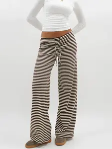Women's Y2K Striped Wide Leg Pants, Comfortable Loose Casual Trousers, Drop Waist Design in Caramel Chocolate Color for All Seasons