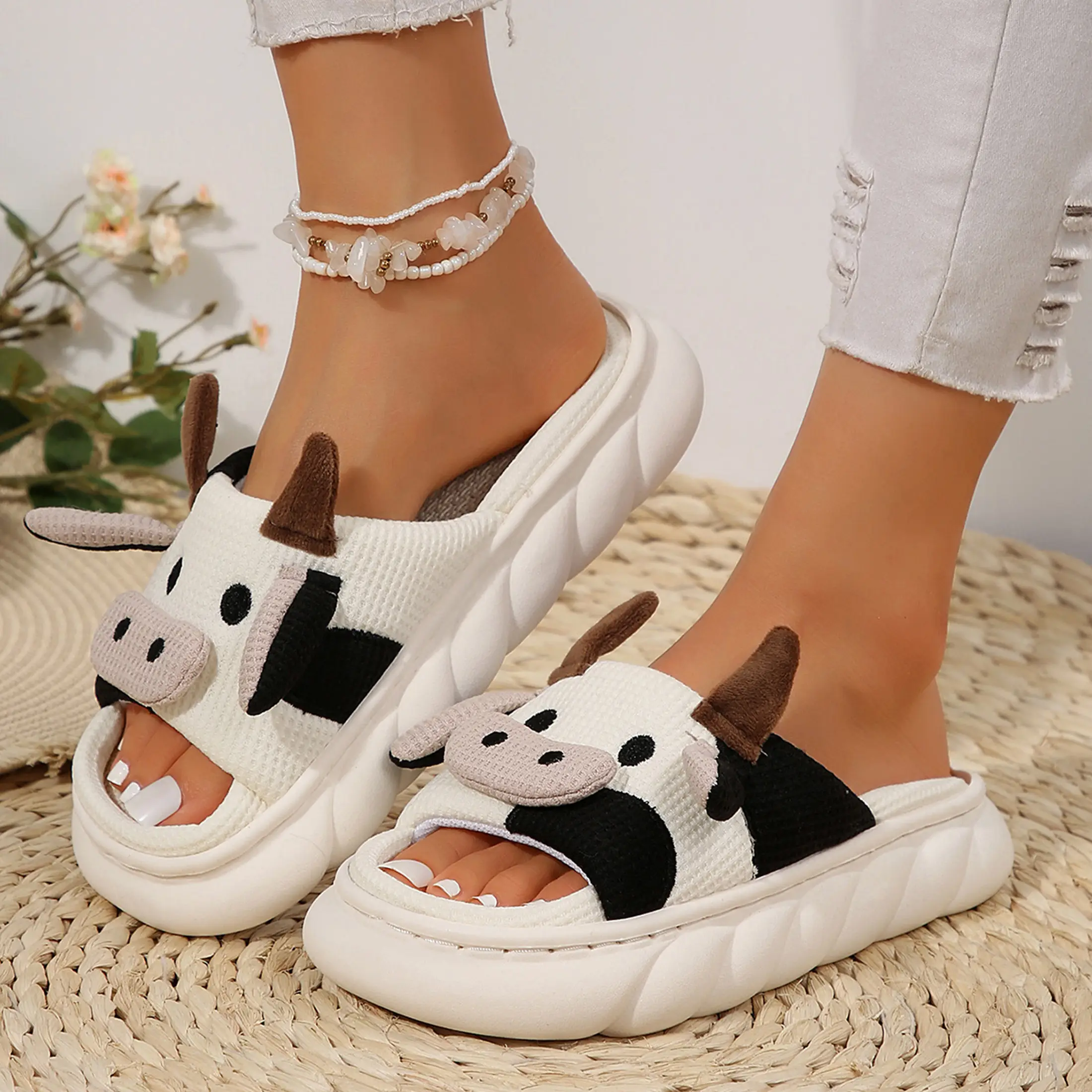 Fuzzy Cow Cotton Ease Slippers Winter Indoor Outdoor Slippers for Women Slip On Slippers Shoes
