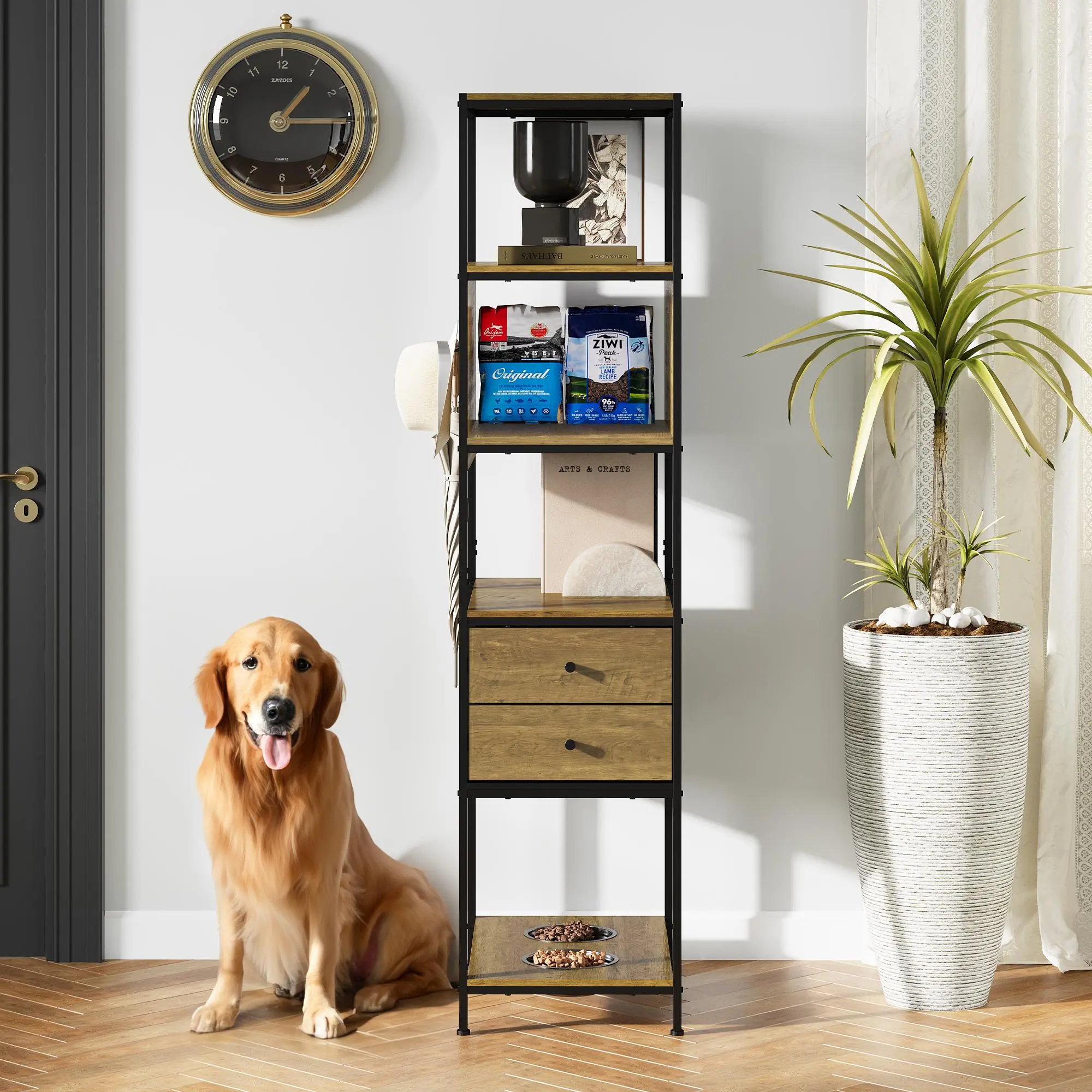 RoyalCraft L Dog Crate Furniture with Display Shelf, Decorative Dog Crate with Dog Bowl, Cat Litter Box Furniture Industrial Bookshelf, Furniture Style Dog Crate for Medium Dog, Brown