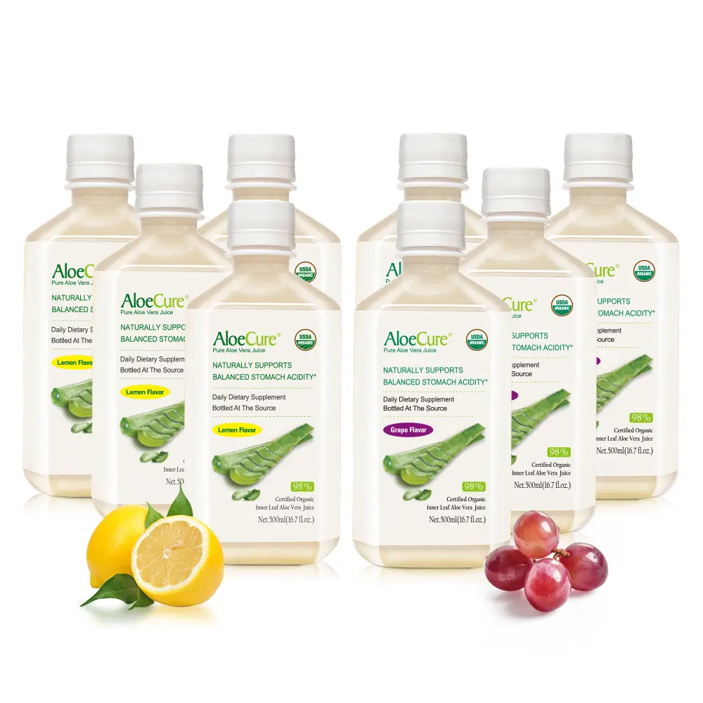 AloeCure Organic Aloe Vera Health Drink - Gluten-Free, Balanced Digestive Beverage, 8-Bottle Sample Pack, Grape & Lemon Flavors, 8x500ml