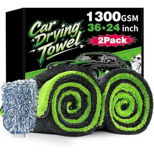 2-Pack  Drying Towels 24x36 Inch 1300GSM, Twisted Loop Microfiber Cloth for Auto Detailing - Super Absorbent, Lint-Free & Streak-Free for SUV,  & Window (Gray-Green)
