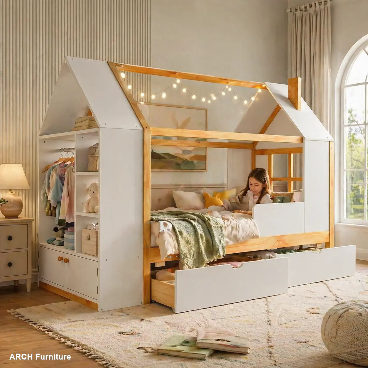House-Shape Twin Size Elevated Natural Bed Frame - Built-in Drawers, Solid Wood Shelves, Childlike Design, White & Natural Finish, Elevated Bed Frames, Natural Bed Frames