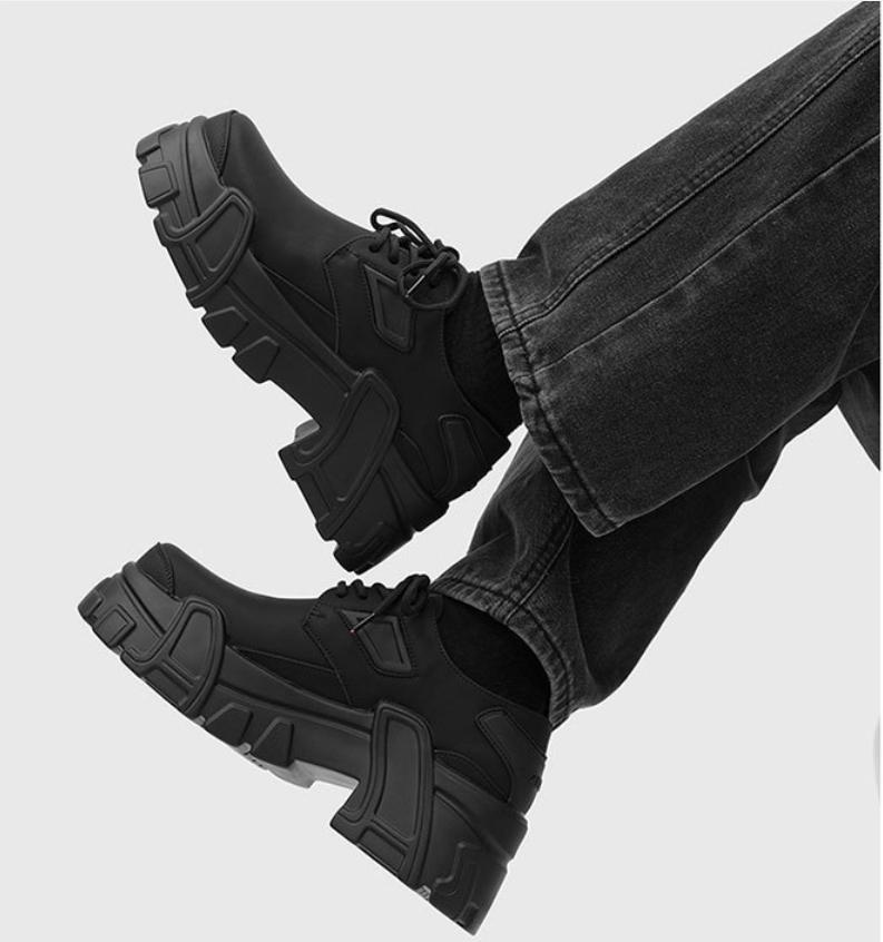 Chunky Derby Shoes Men's All-Black｜Mecha Design Matte Leather Dark Streetwear Outfits