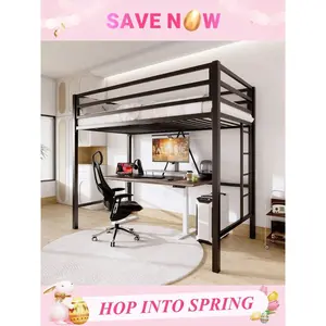 Allewie Heavy Duty Twin Size Metal Loft Bed for Juniors & Adults with Full-Length Guardrail Removable Stairs & Ladder Noise-Free Space-Saving No Box Spring Needed in Black White Apple Green Queen Floor