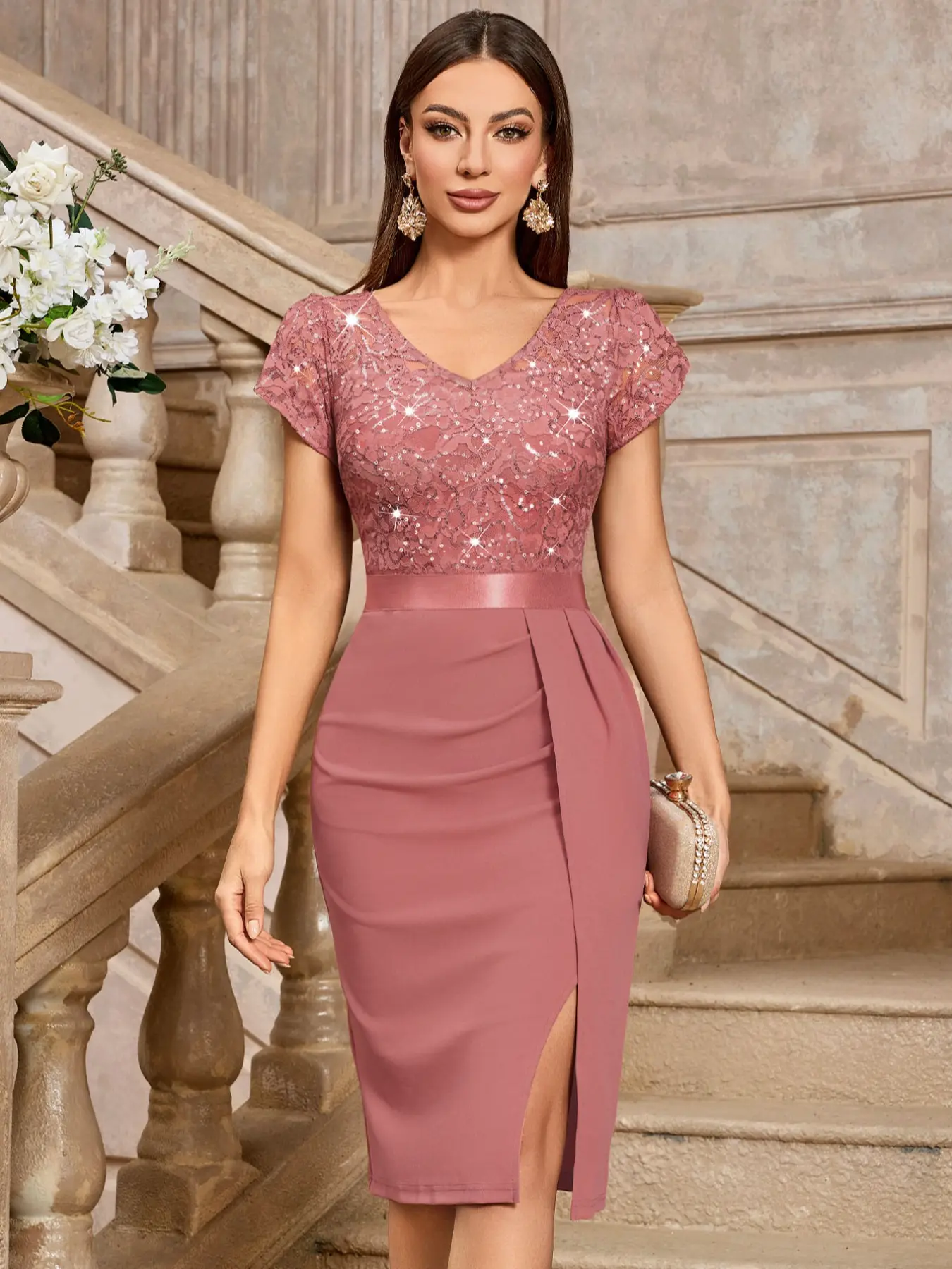 MIUSOL 54347A Elegant Glitter Sequin Floral Lace Petal Sleeve Ruched Split Thigh  Slit Evening Cocktail Party Bodycon Dress,Semi Formal Women Dress,For  Wedding Guest, Graduation, Dinner - TikTok Shop