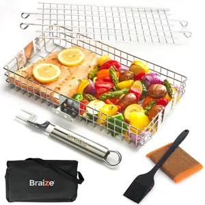 Braize Adjustable BBQ Grill Basket - 4 Level Adjustable Lid, Removable Handle, Stainless Steel, Easy to Clean, Grill Fish & Veggies, Gift for Grillers