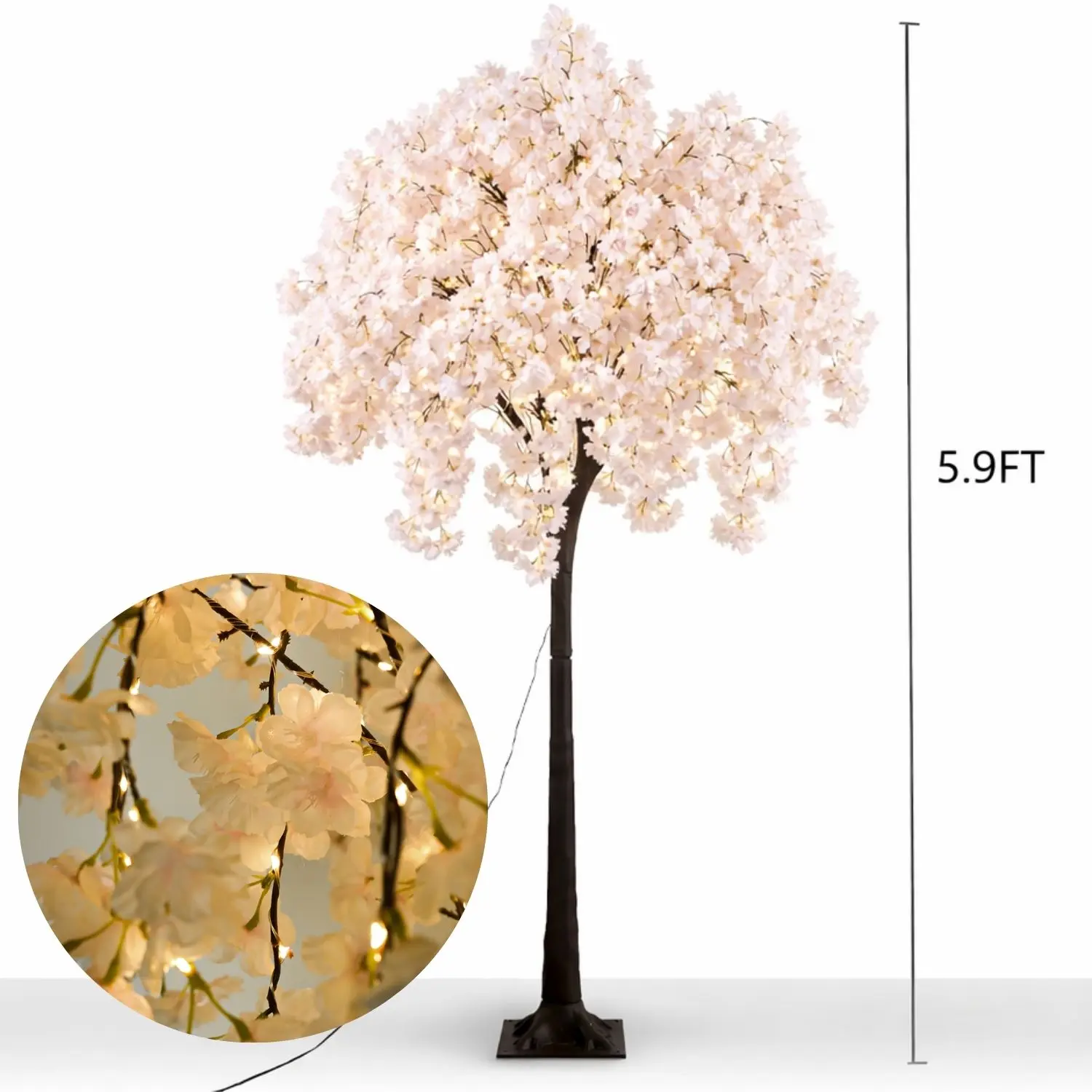 6ft Waterproof Plastic Artificial Cherry Tree with LED Fairy Lights, Decorative Faux Flower Decor, Glowing Luminous Novelty Lighting for Home Improvement