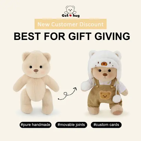 GETAHUG 12in Durable Soft Fluffy Manual Jointed Teddy Bear - White Mink Hat, Brown Overalls, Moveable Joints, Changeable Clothes, Personalized Design, Birthday Love Gift for Girls Ages 6+, 30-Day Hassle-Free Returns & Exchanges, Light Brush Maintenance