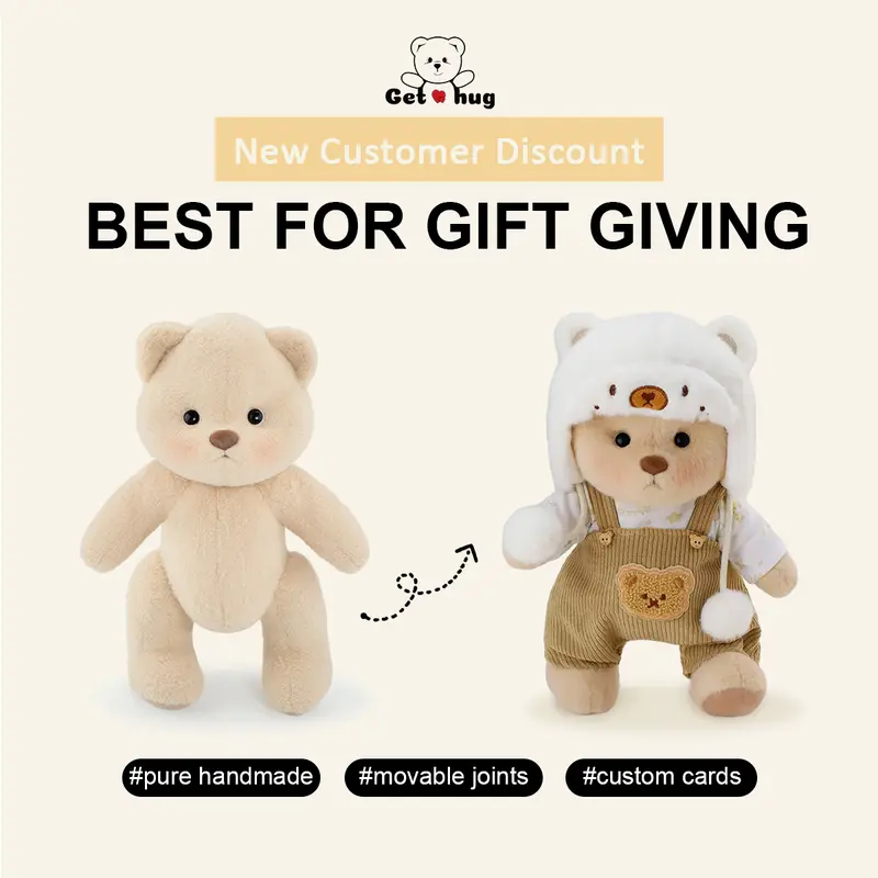 GETAHUG 12in Durable Soft Fluffy Manual Jointed Teddy Bear - White Mink Hat, Brown Overalls, Moveable Joints, Changeable Clothes, Personalized Design, Birthday Love Gift for Girls Ages 6+, 30-Day Hassle-Free Returns & Exchanges, Light Brush Maintenance