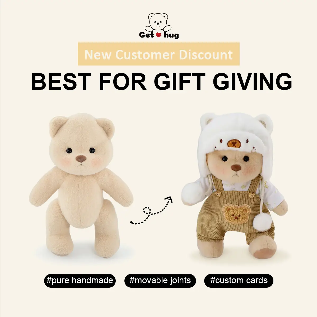 Getahug White Mink Hat Brown Overalls Bear | Handmade Jointed Teddy Bear Gift, stuffed animals ,plush, mothersdaygift, mothersdaygiftideas, mothersday