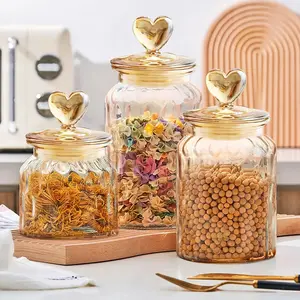 3 Pcs Heart Candy & Cookie Jars with Lids, 22 32 49 oz Cute Heart Shaped Airtight Food Storage Glass Cookie Containers for Kitchen Decorative Apothecary Canisters (Amber) conteiner household Lidded Sugar seed dry good clear tumbler cup