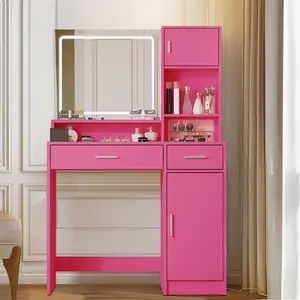 Vanity Desk with Mirror and LED Light Strip,Dressing Table with Large Drawer, 3 Level Storage Dresser & 3 Lighting Modes Adjustable Brightness, Suitable for Bedroom,(Rose Pink)
