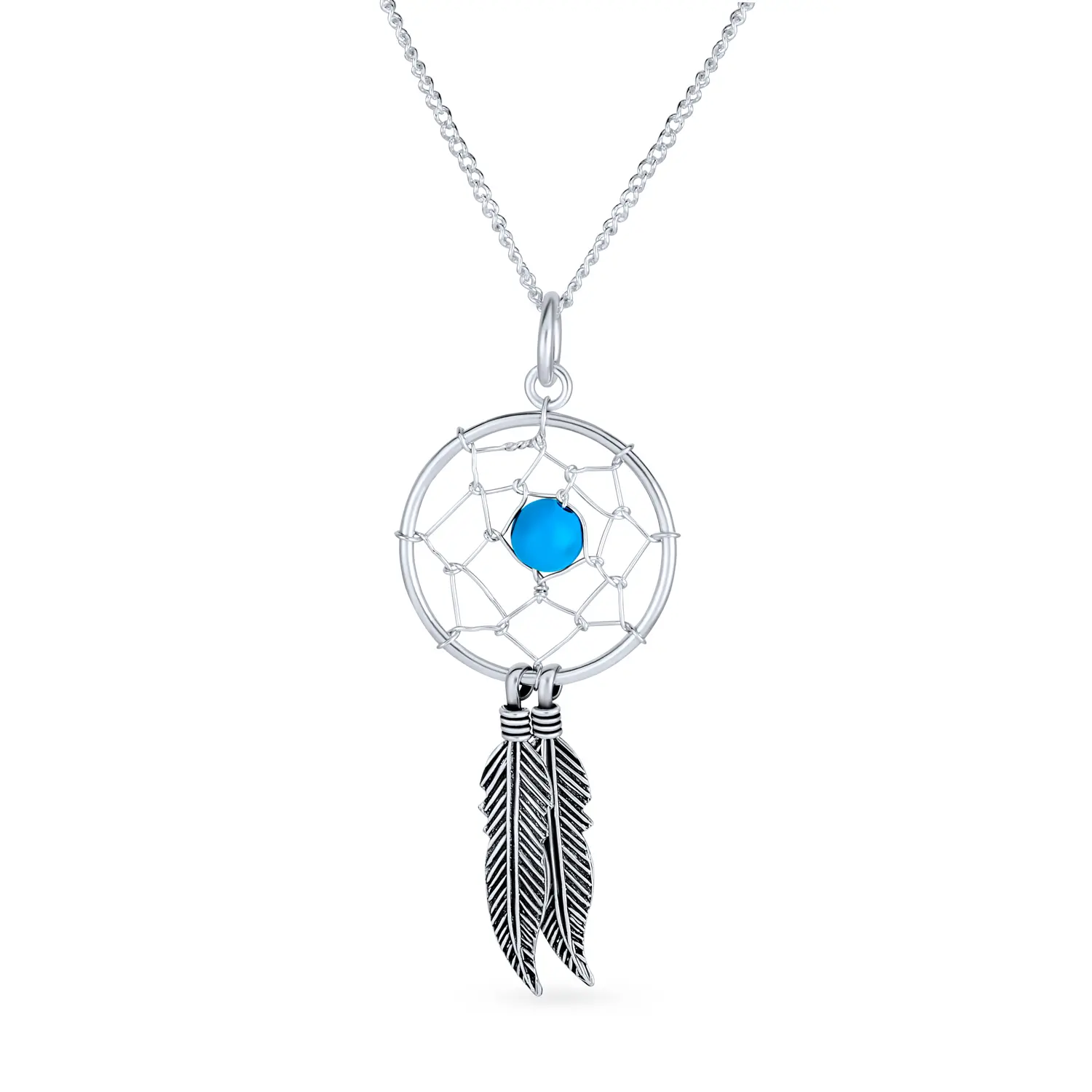 Western Boho Turquoise Feather Dream Catcher Pendant Necklace Sterling Silver