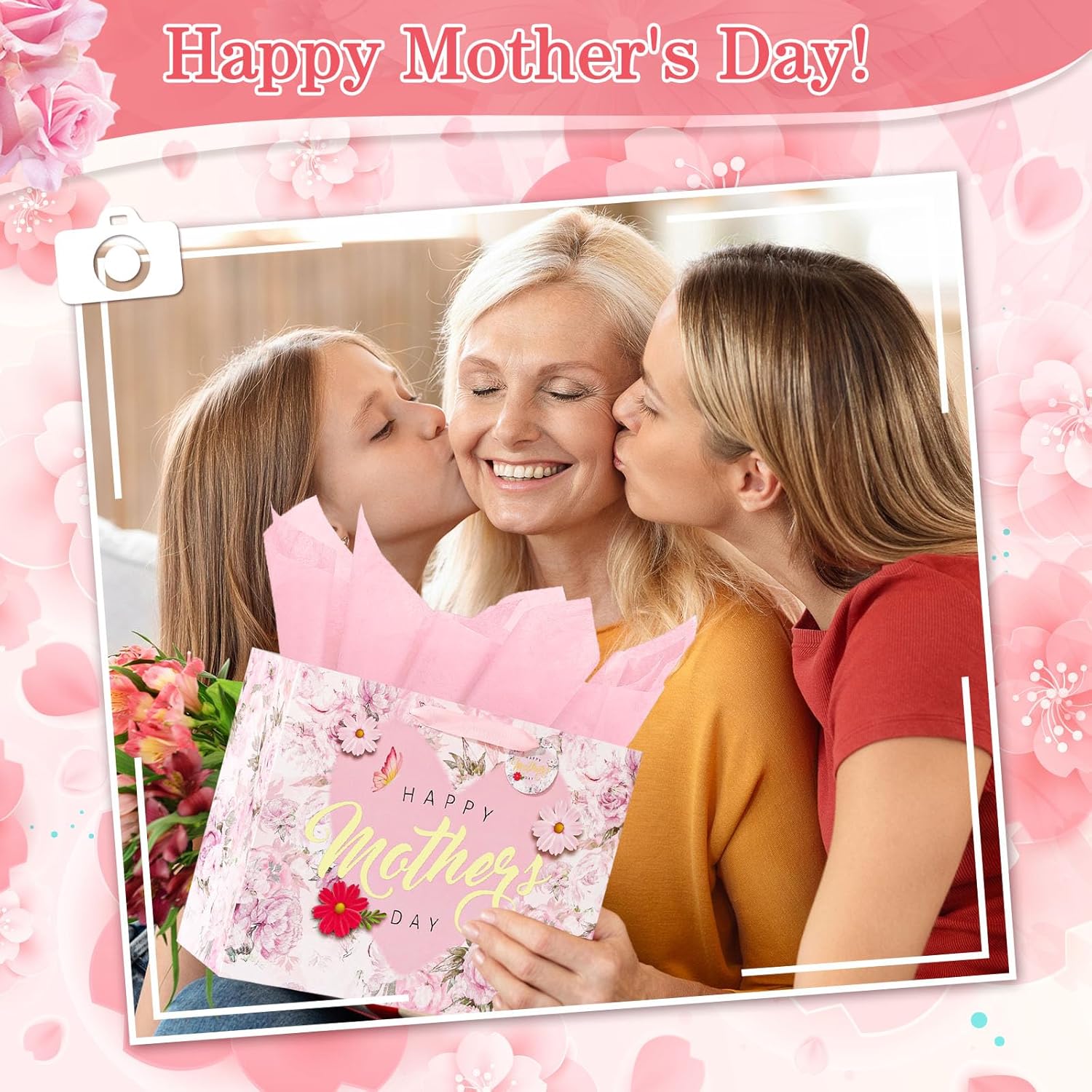 Mother’s Day Gift Bag Set 13” Floral Gold Foil with Card & Tissue, Happy Mother’s Day Gift Bag for Mom Grandma Nana, Premium Gift Wrap Supplies