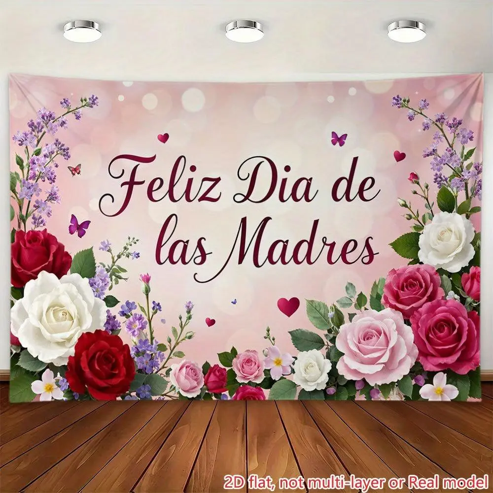 1PC Polyester 2D Flat Backdrop Tapestry Banner - Spanish Feliz Dia de las Madres Decor with Rose Flowers, Butterflies, Hearts - Birthday-Themed Festive Backdrops & Banners for Birthday Party Photo Wall, Indoor Family Gift, Happy Birthday, Birthday Gift Id