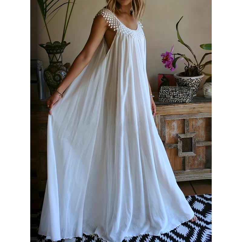 Tassel Design Solid Color Tank Dress Loose Slimming Long Dress Plus Size Dress Casual Womenswear sundress pool party outfit summer outfits birthday dress homecomingdress white dress dresses summer Formal Sleeveless elegantoutfits Polyester Vneck