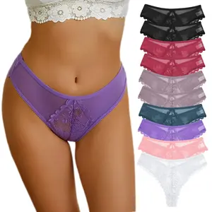 FINETOO Women's 10PCS Plain Lace Thong Lingerie Low Rise Lightweight Nylon Underwear Casual Comfy Cozy Breathable Panty S-XL  Fashion Bridal Womenswear