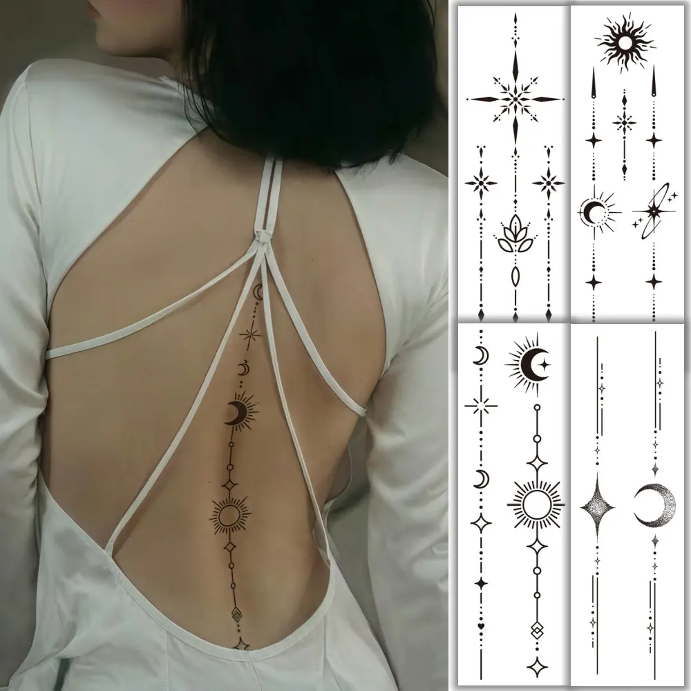 4 Pcs Waterproof Fake Tattoos, Sun, Moon, Stars, Geometric Temporary Tattoo Stickers, Long-Lasting Realistic Tattoos, Body Stickers, Aesthetic Tattoo Merch, Body Decorations for Music Festivals, Parties, Dances, Suitable for Arms, Back, Neck